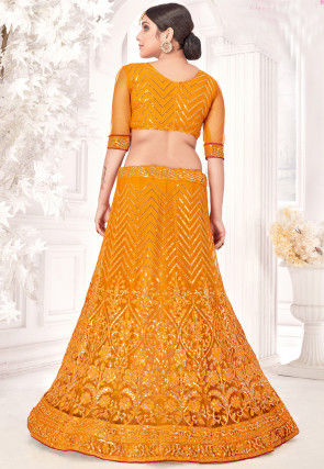 Embroidered Net Lehenga in Mustard