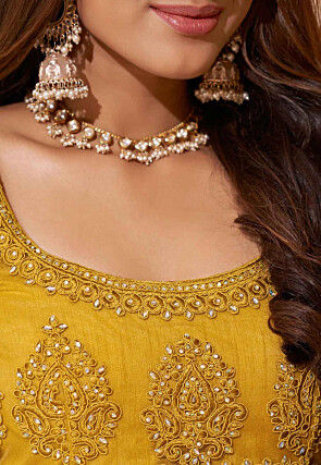 Embroidered Net Lehenga in Mustard