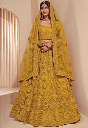 Embroidered Net Lehenga in Mustard