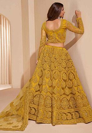 Embroidered Net Lehenga in Mustard