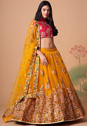 Embroidered Net Lehenga in Mustard