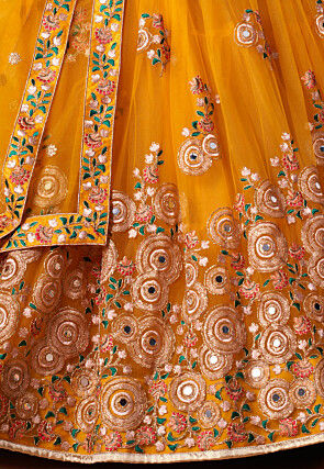 Embroidered Net Lehenga in Mustard