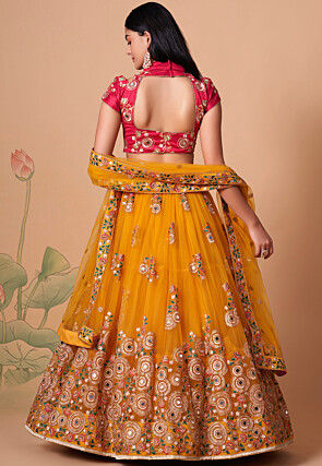 Embroidered Net Lehenga in Mustard