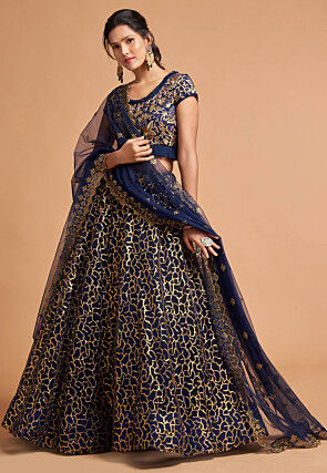 Embroidered Net Lehenga in Navy Blue