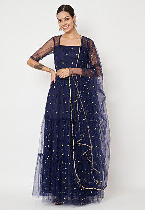 Embroidered Net Lehenga in Navy Blue