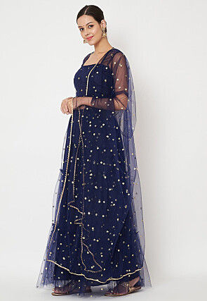 Embroidered Net Lehenga in Navy Blue
