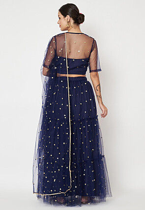 Embroidered Net Lehenga in Navy Blue