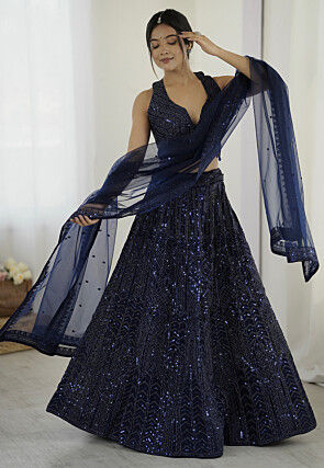 Embroidered Net Lehenga in Navy Blue