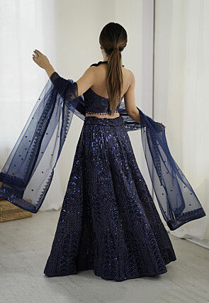Embroidered Net Lehenga in Navy Blue