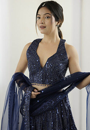 Embroidered Net Lehenga in Navy Blue