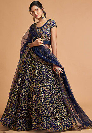Embroidered Net Lehenga in Navy Blue