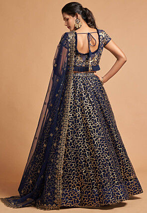 Embroidered Net Lehenga in Navy Blue