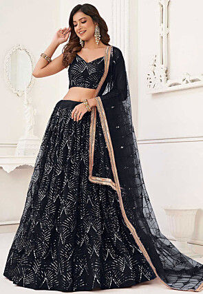 Embroidered Net Lehenga in Black