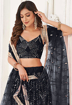 Embroidered Net Lehenga in Black