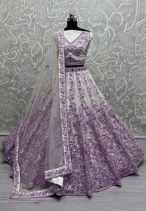 Embroidered Net Lehenga in Off White