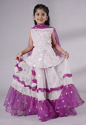 Embroidered Net Lehenga in Off White and Purple