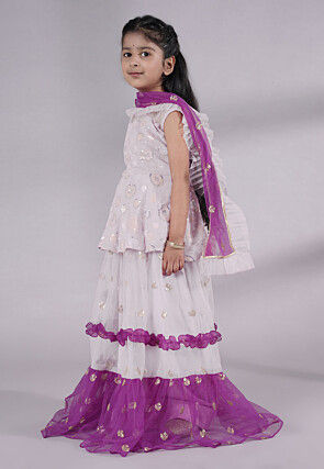 Embroidered Net Lehenga in Off White and Purple