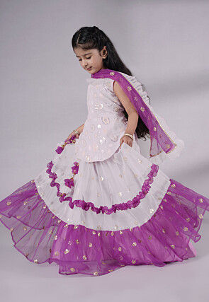 Embroidered Net Lehenga in Off White and Purple