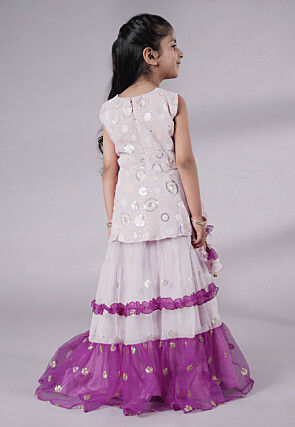 Embroidered Net Lehenga in Off White and Purple