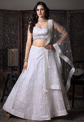 Embroidered Net Lehenga in Off White