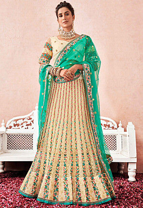 Embroidered Net Lehenga in Off White