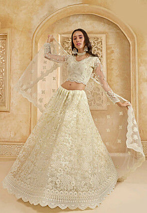 Embroidered Net Lehenga in Off White