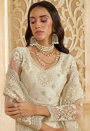 Embroidered Net Lehenga in Off White