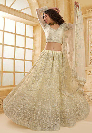 Embroidered Net Lehenga in Off White