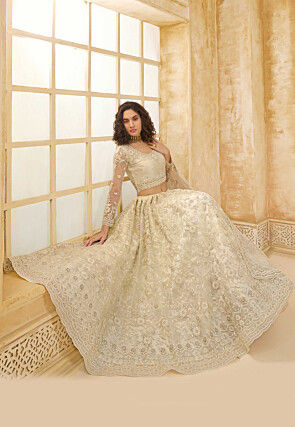 Embroidered Net Lehenga in Off White