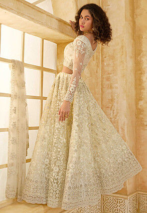 Embroidered Net Lehenga in Off White