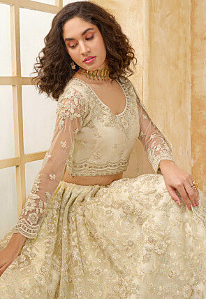 Embroidered Net Lehenga in Off White