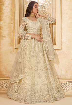 Embroidered Net Lehenga in Off White