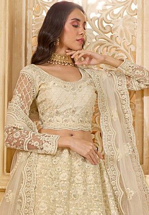 Embroidered Net Lehenga in Off White