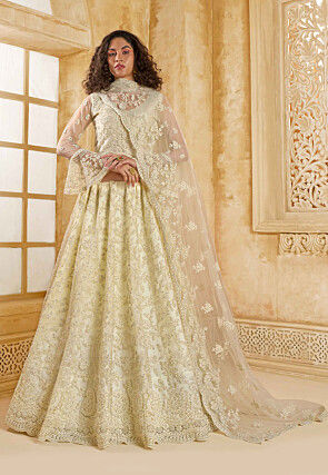 Embroidered Net Lehenga in Off White