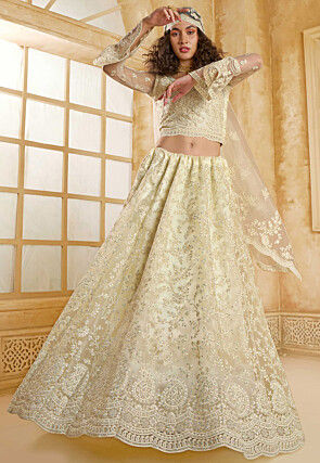 Embroidered Net Lehenga in Off White