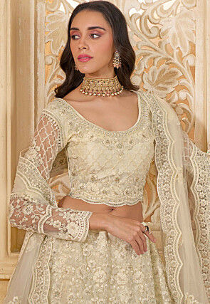 Embroidered Net Lehenga in Off White