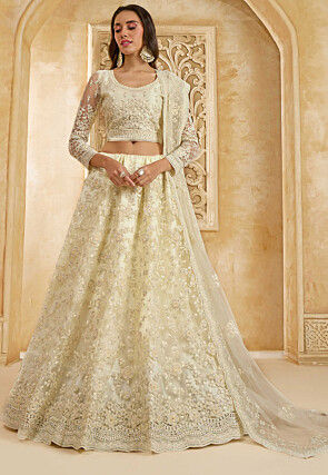 Embroidered Net Lehenga in Off White
