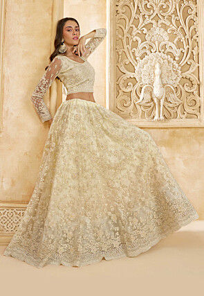 Embroidered Net Lehenga in Off White