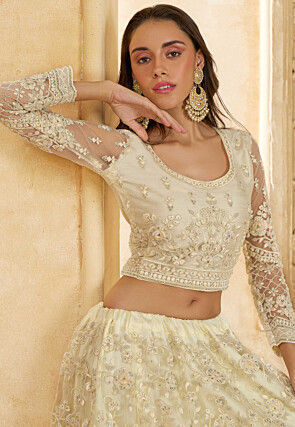 Embroidered Net Lehenga in Off White