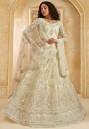 Embroidered Net Lehenga in Off White