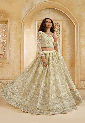 Embroidered Net Lehenga in Off White