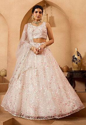 Embroidered Net Lehenga in Off White