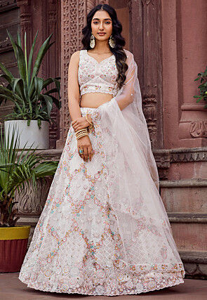 Embroidered Net Lehenga in Off White