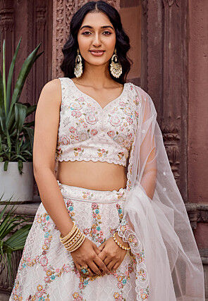 Embroidered Net Lehenga in Off White