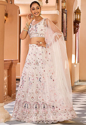 Embroidered Net Lehenga in Off White