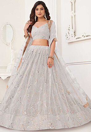 Embroidered Net Lehenga in Off White