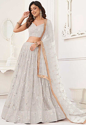 Embroidered Net Lehenga in Off White