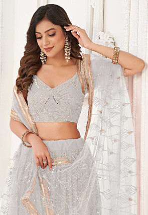 Embroidered Net Lehenga in Off White