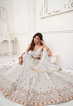 Embroidered Net Lehenga in Off White