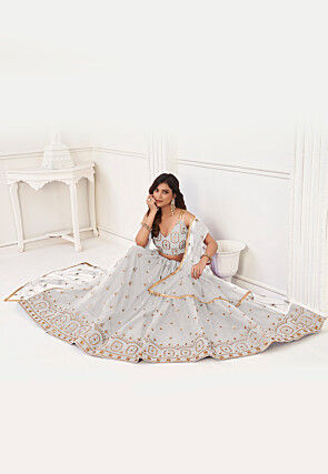 Embroidered Net Lehenga in Off White